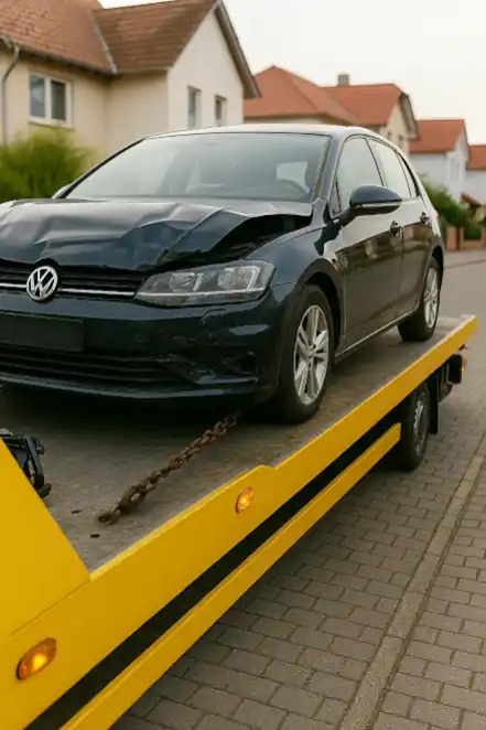 Ein defektes Auto, das in Troisdorf für den Autoankauf abgeschleppt wird.